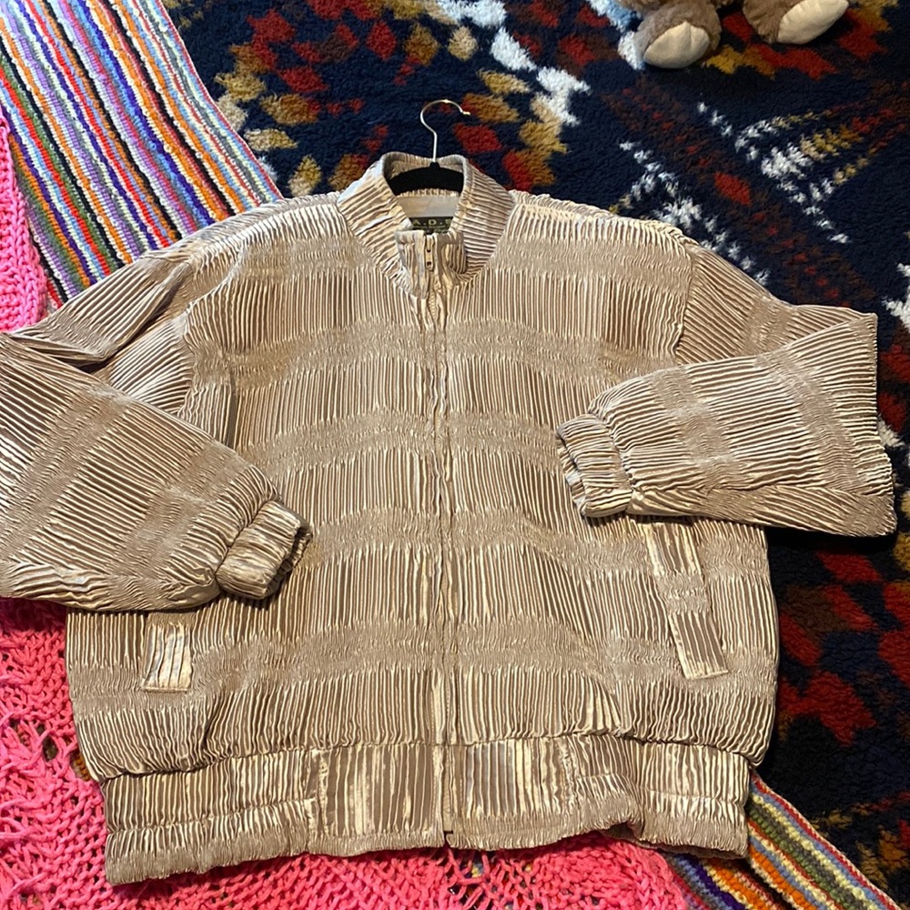 Gold Plisse Zip Up Bomber Jacket
